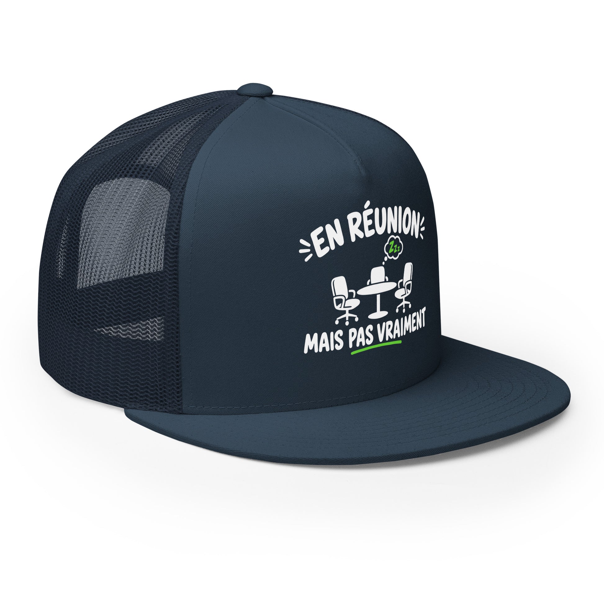 Casquette Trucker, brodée « En réunion mais pas vraiment », en Bleu Marine, vue de trois quarts, image 25