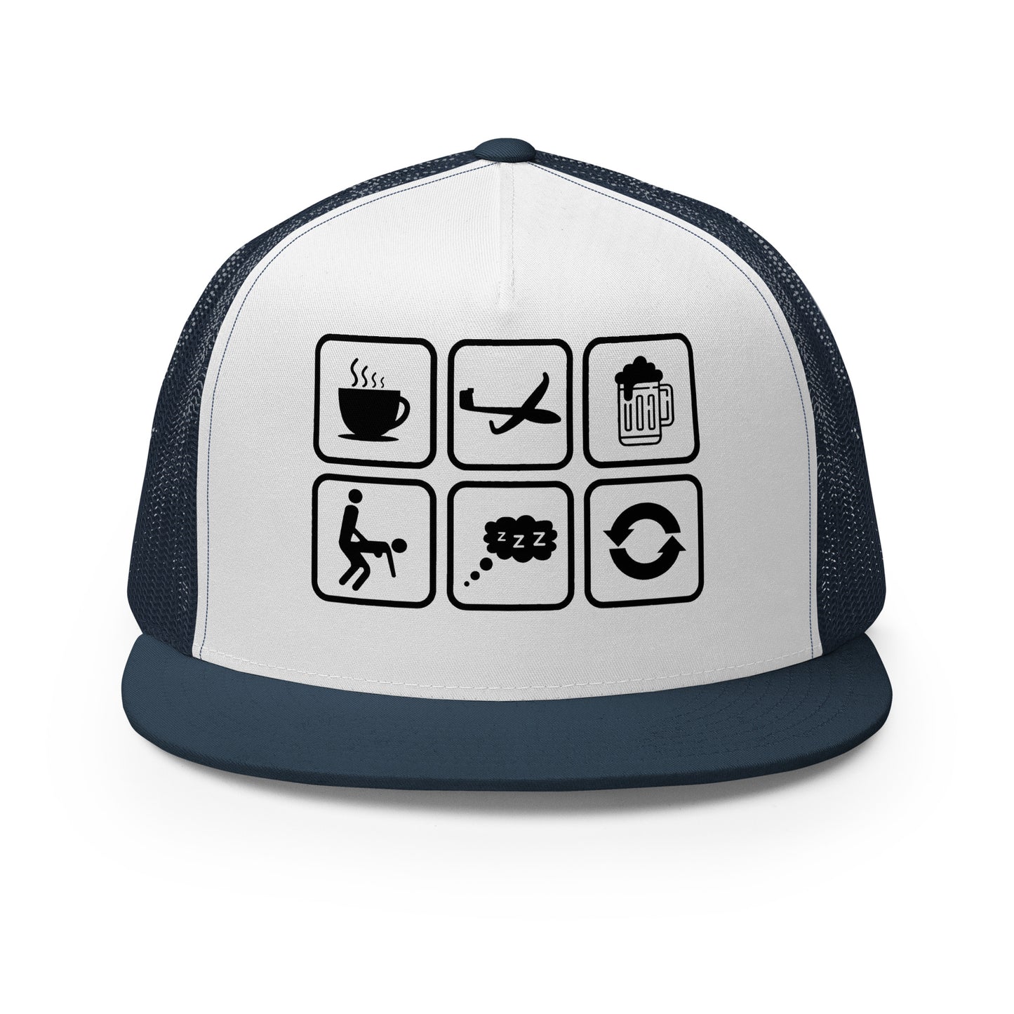 Casquette Trucker, brodée « Café, Voyage, Alcool, Sexe, Dormir et recommencer », vue de face, image 13