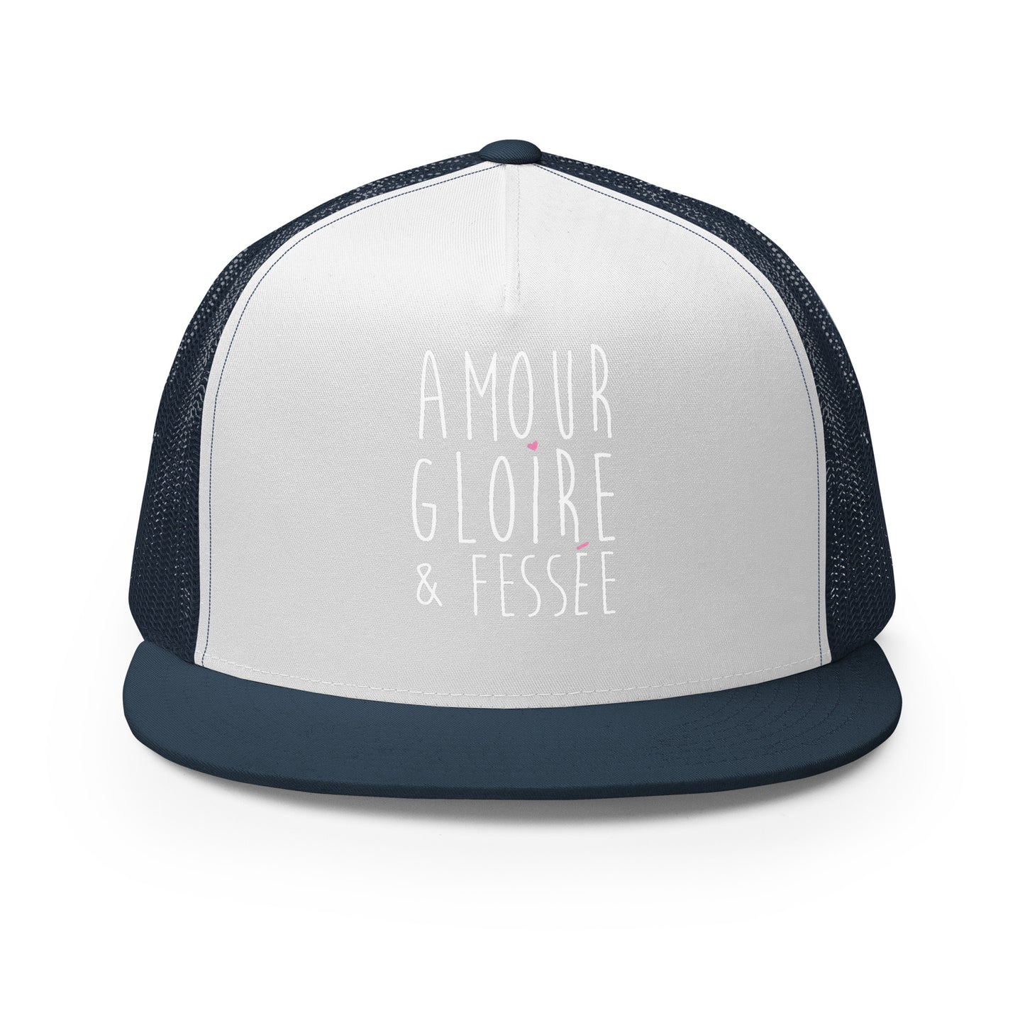 Casquette Trucker, brodée « Amour, Gloire & Fessée », en Bleu Marine, vue de face, image 37
