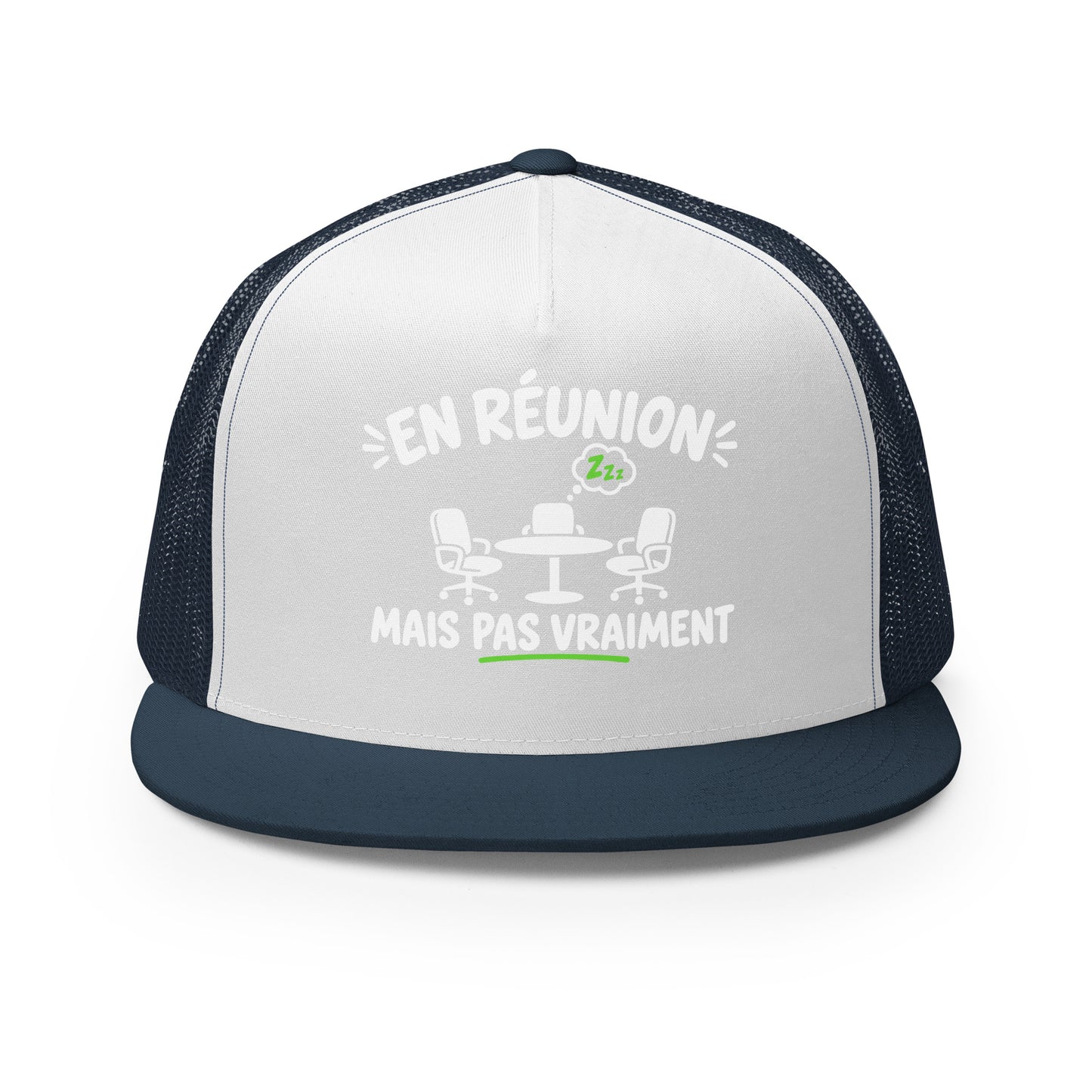 Casquette Trucker, brodée « En réunion mais pas vraiment », en Bleu Marine, vue de face, image 8