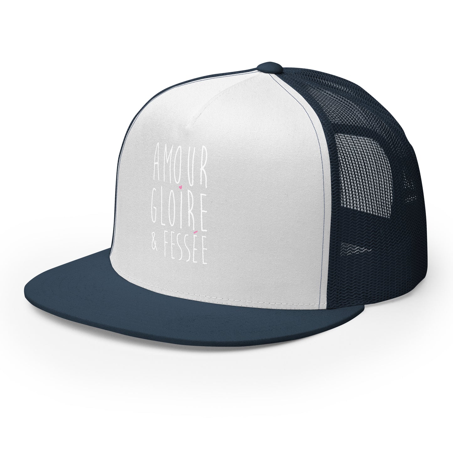 Casquette Trucker, brodée « Amour, Gloire & Fessée », en Bleu Marine, vue de trois quarts, image 40