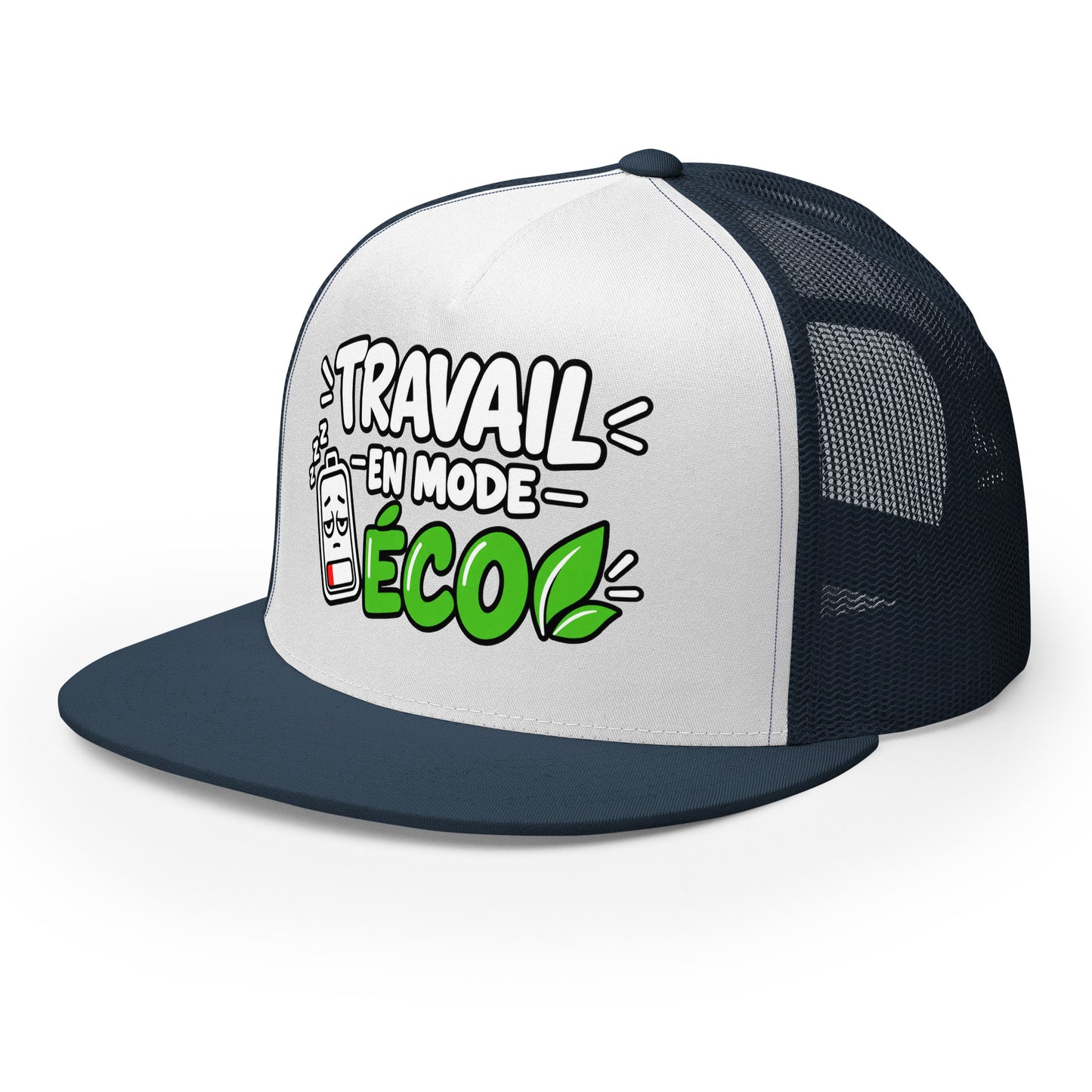 Casquette Trucker, brodée « travail en mode éco », en Bleu Marine, vue de trois quarts, image 43