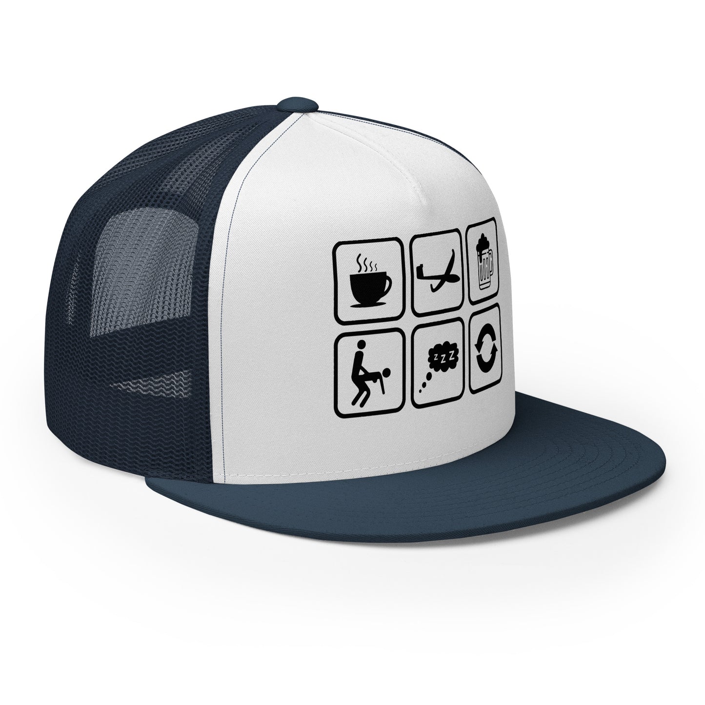 Casquette Trucker, brodée « Café, Voyage, Alcool, Sexe, Dormir et recommencer », vue de trois quarts, image 18