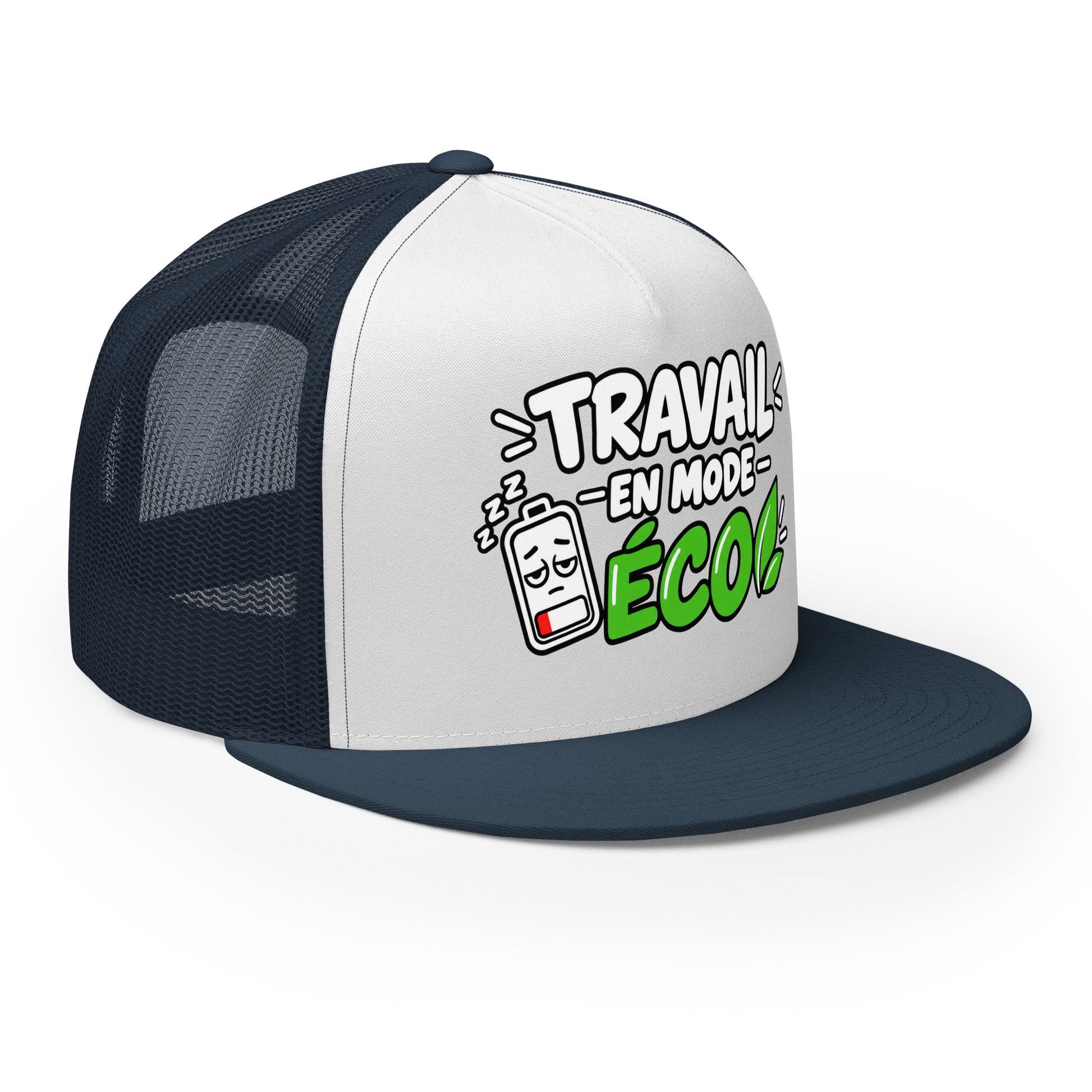 Casquette Trucker, brodée « travail en mode éco », en Bleu Marine, vue de trois quarts, image 45