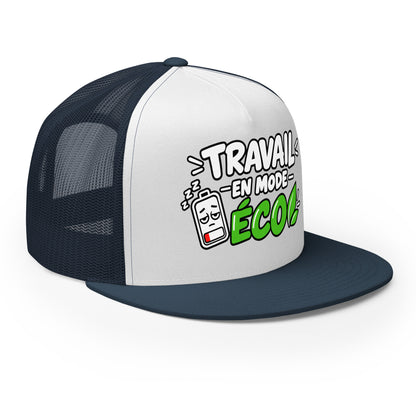 Casquette Trucker, brodée « travail en mode éco », en Bleu Marine, vue de trois quarts, image 45