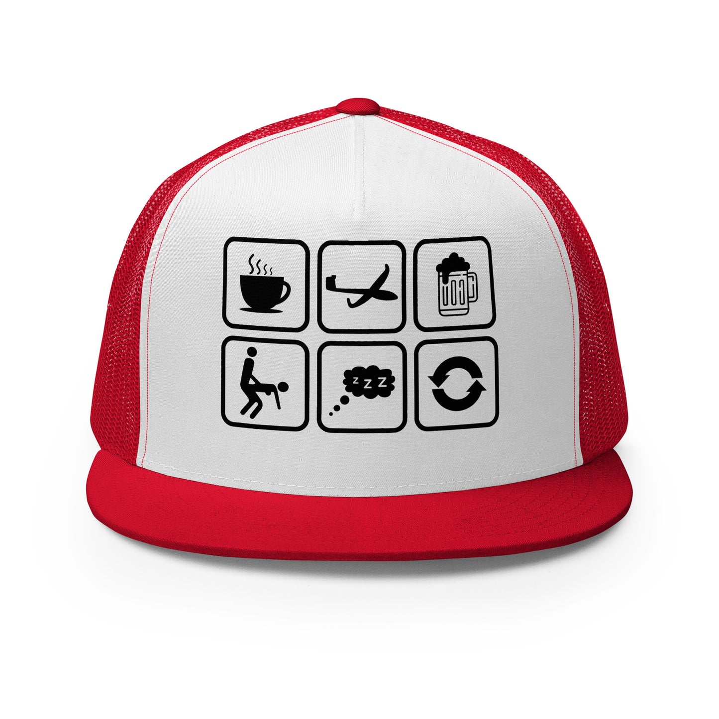 Casquette Trucker, brodée « Café, Voyage, Alcool, Sexe, Dormir et recommencer », vue de face, image 7