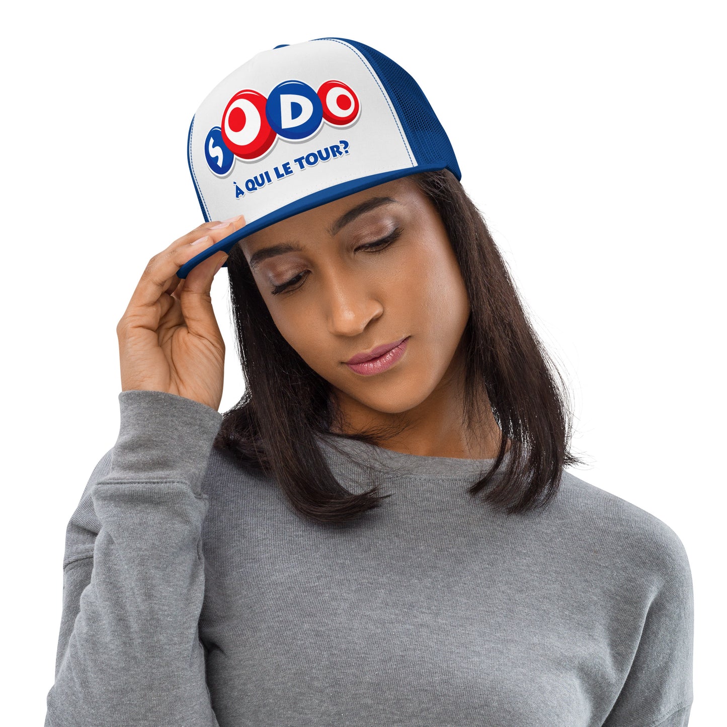 Casquette Trucker, brodée « Sodo, à qui le tour ? », vue de face, image 3