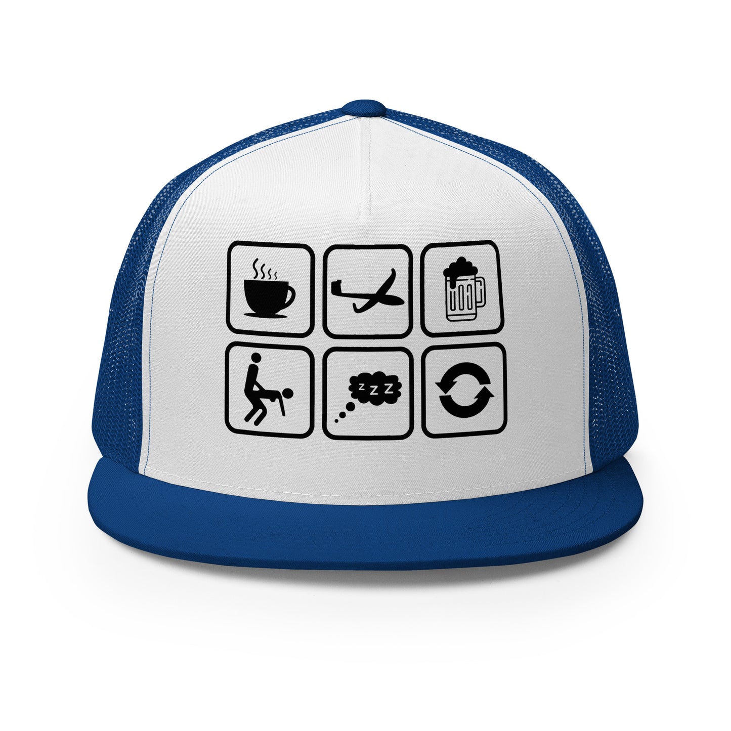 Casquette Trucker, brodée « Café, Voyage, Alcool, Sexe, Dormir et recommencer », vue de face, image 19