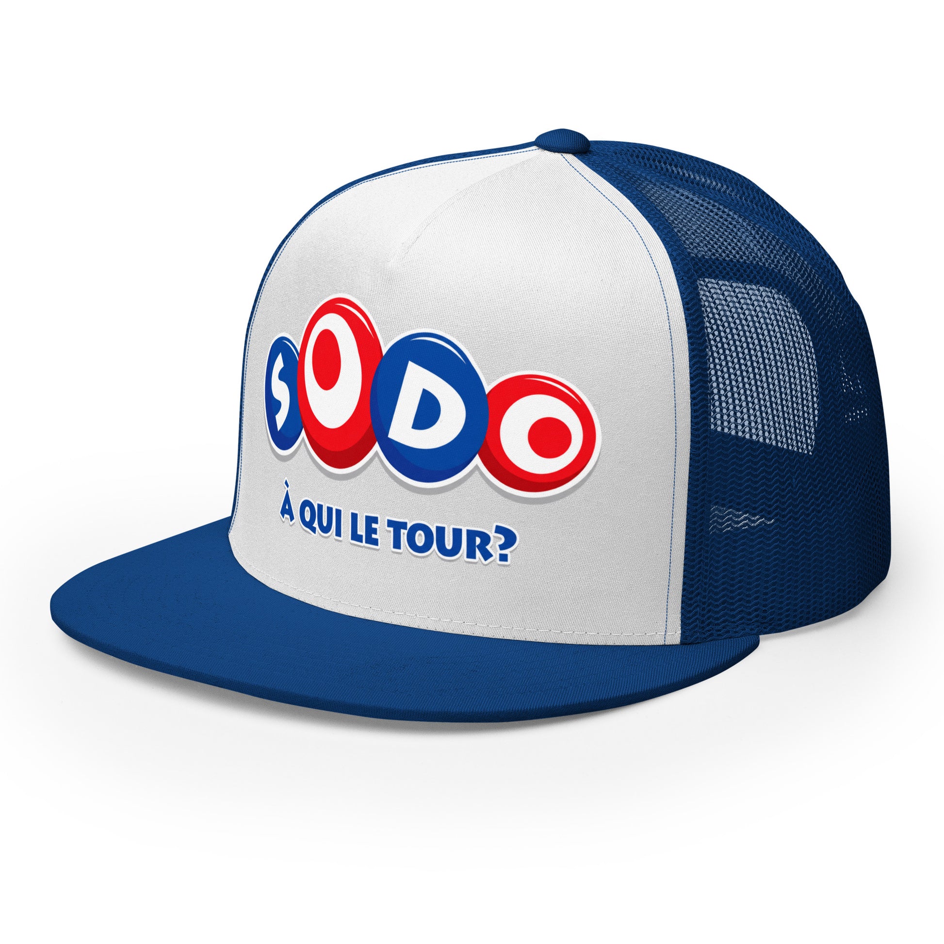 Casquette Trucker, brodée « Sodo, à qui le tour ? », vue de trois quarts