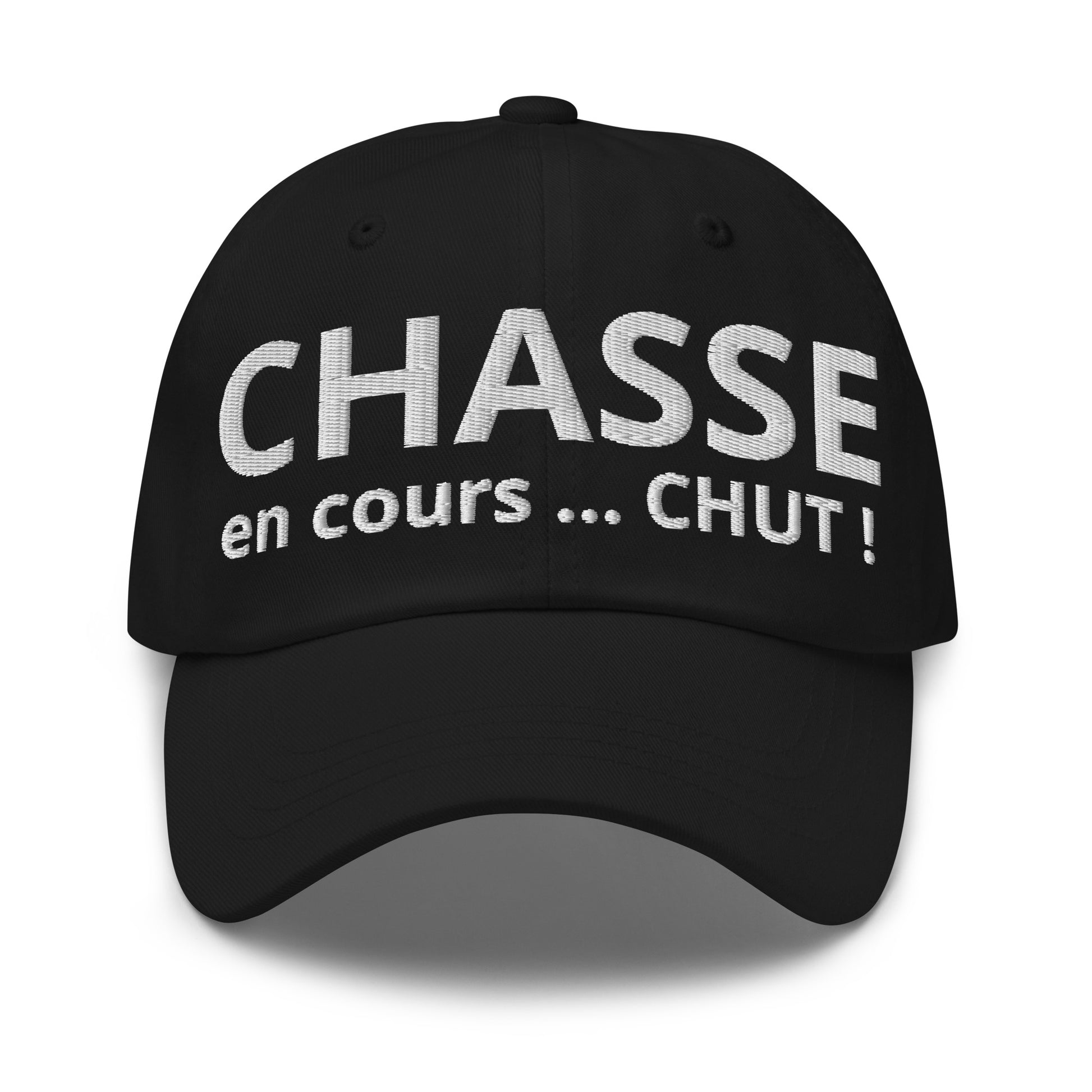 Casquette Baseball, brodée « Chasse en cours ... CHUT ! », en Noir, vue de face, image 3