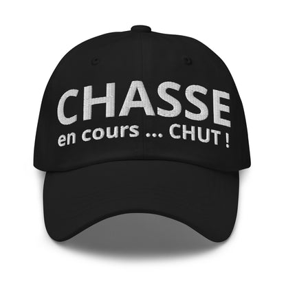 Casquette Baseball, brodée « Chasse en cours ... CHUT ! », en Noir, vue de face, image 3