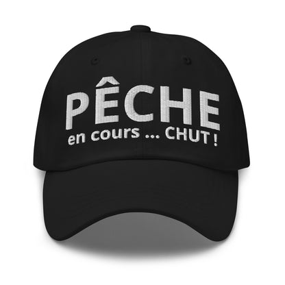 Casquette Baseball, brodée « Pêche en cours ... CHUT ! », en Noir, vue de face, image 2