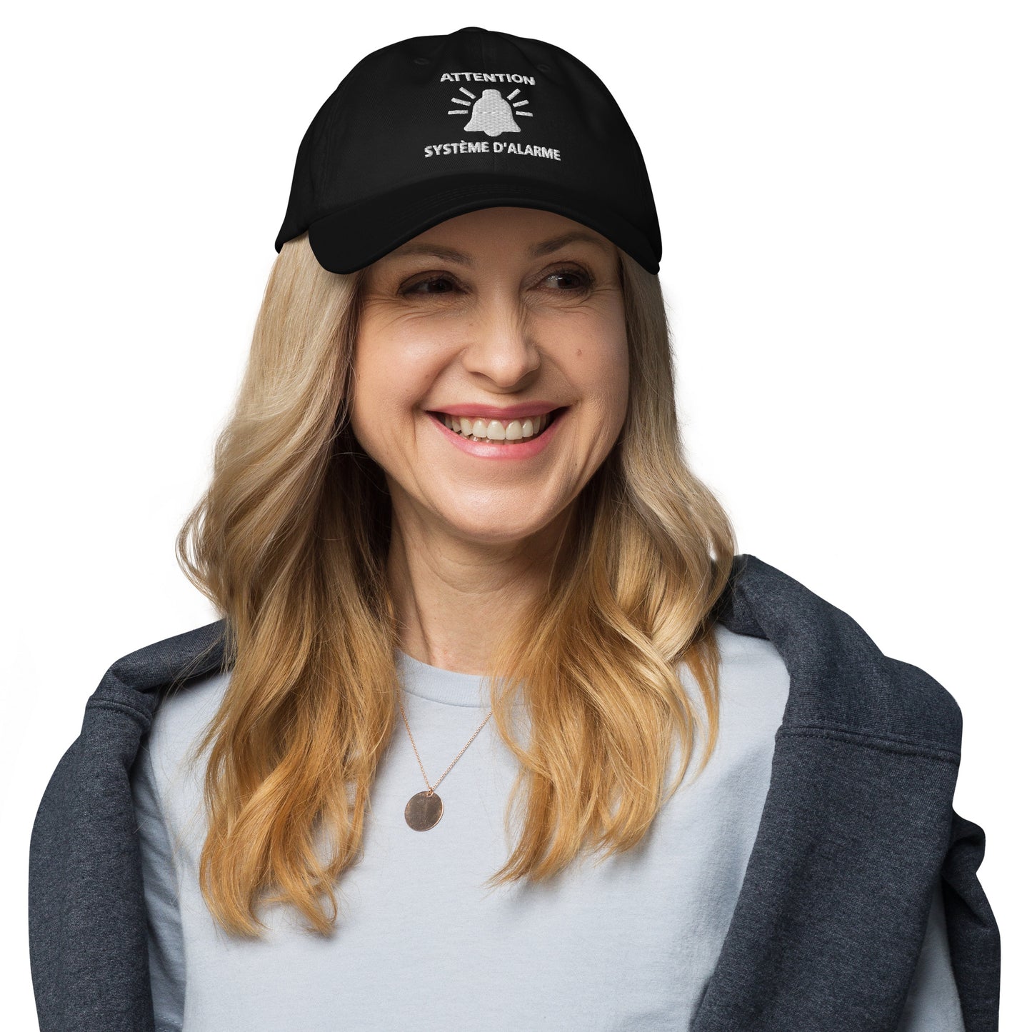 Casquette Baseball, brodée « Attention, système d'alarme », en Noir, vue de face, image 13
