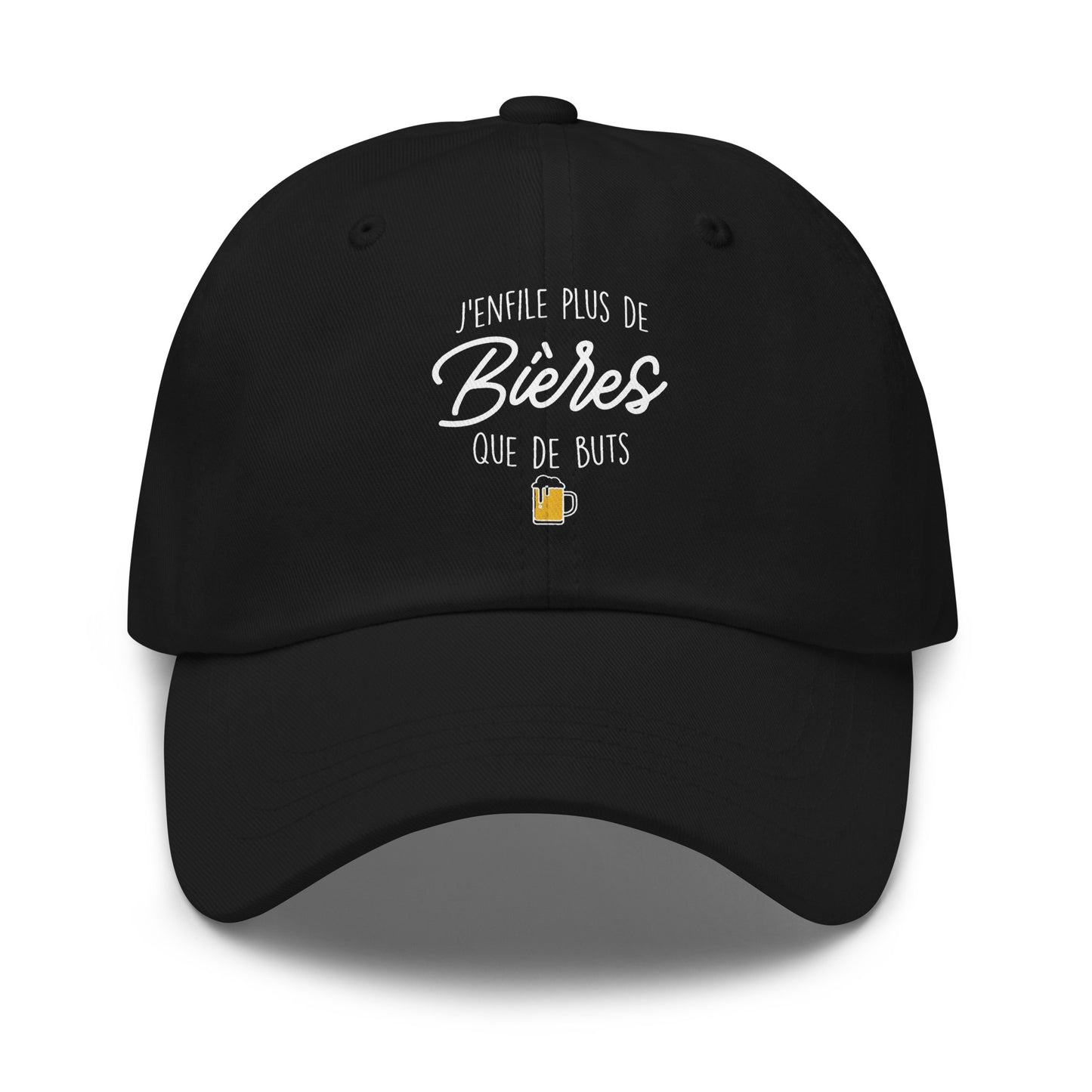 Casquette Baseball, brodée « J'enfile plus de bières que de buts », en Noir, vue de face, image 10