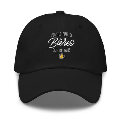 Casquette Baseball, brodée « J'enfile plus de bières que de buts », en Noir, vue de face, image 10