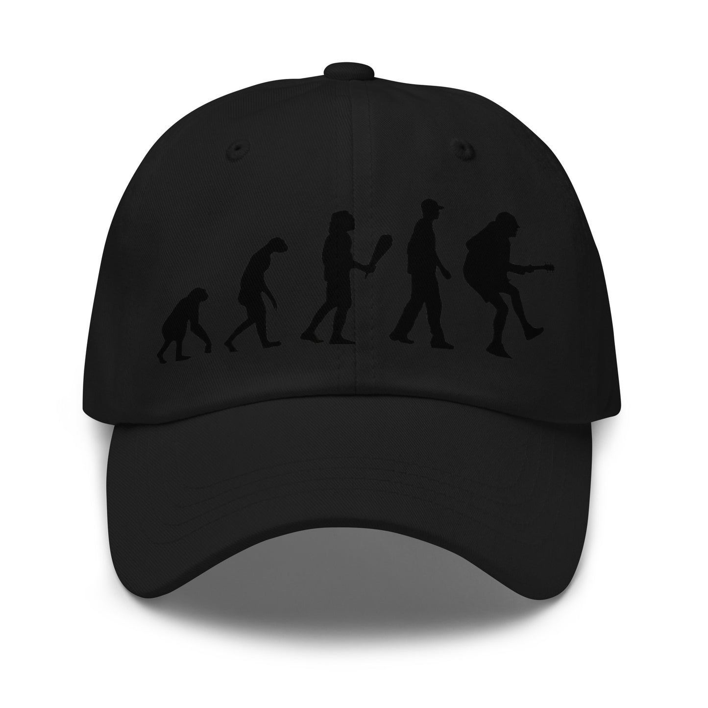 Casquette Baseball, brodée « Evolution de l'homme jusqu'à un guitariste », en Noir, vue de face, image 9