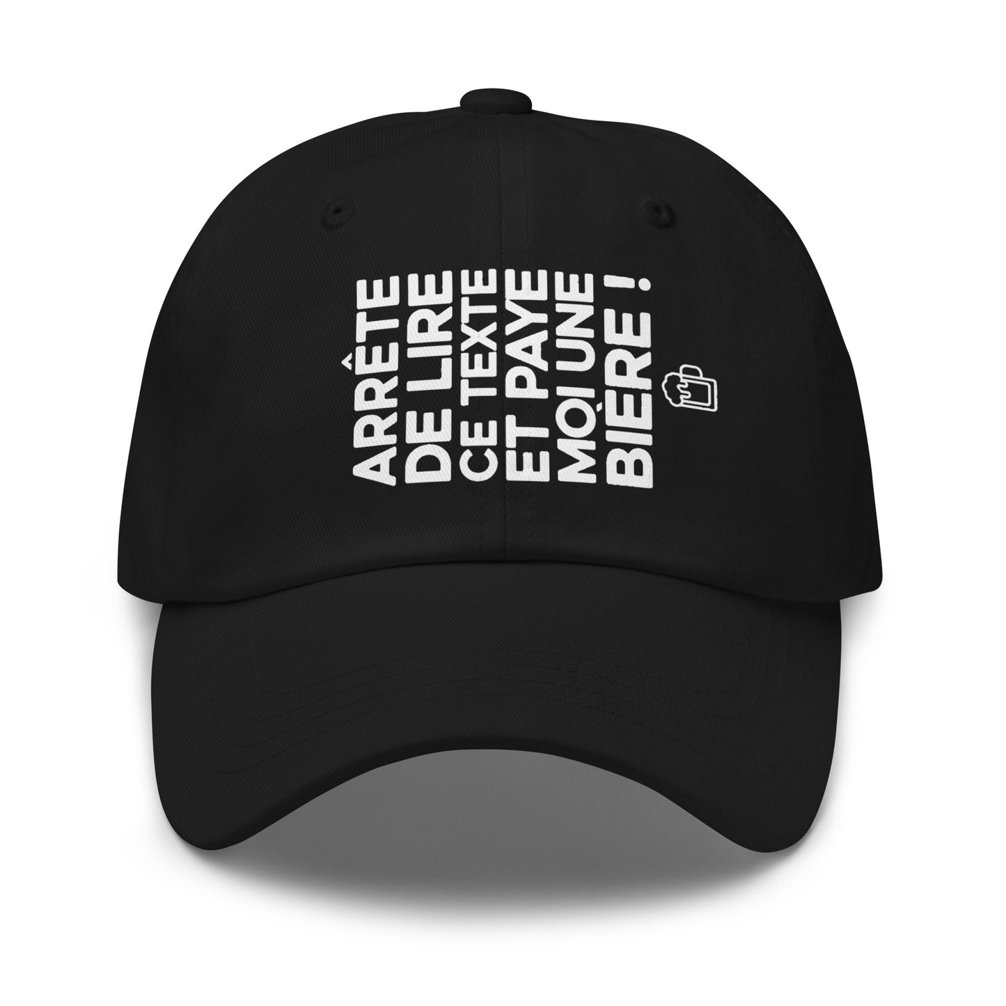 Casquette Baseball, brodée « Arrête de lire ce texte et paye moi une bière », en Noir, vue de face, image 2