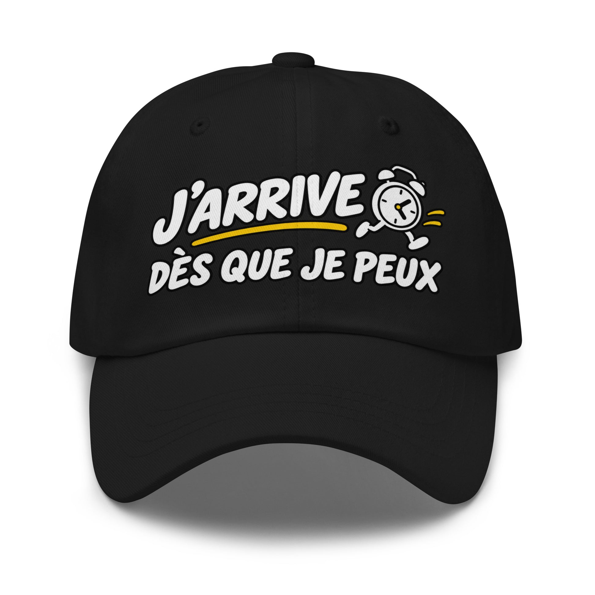 Casquette Baseball, brodée « J'arrive dès que je peux », en Noir, vue de face, image 2
