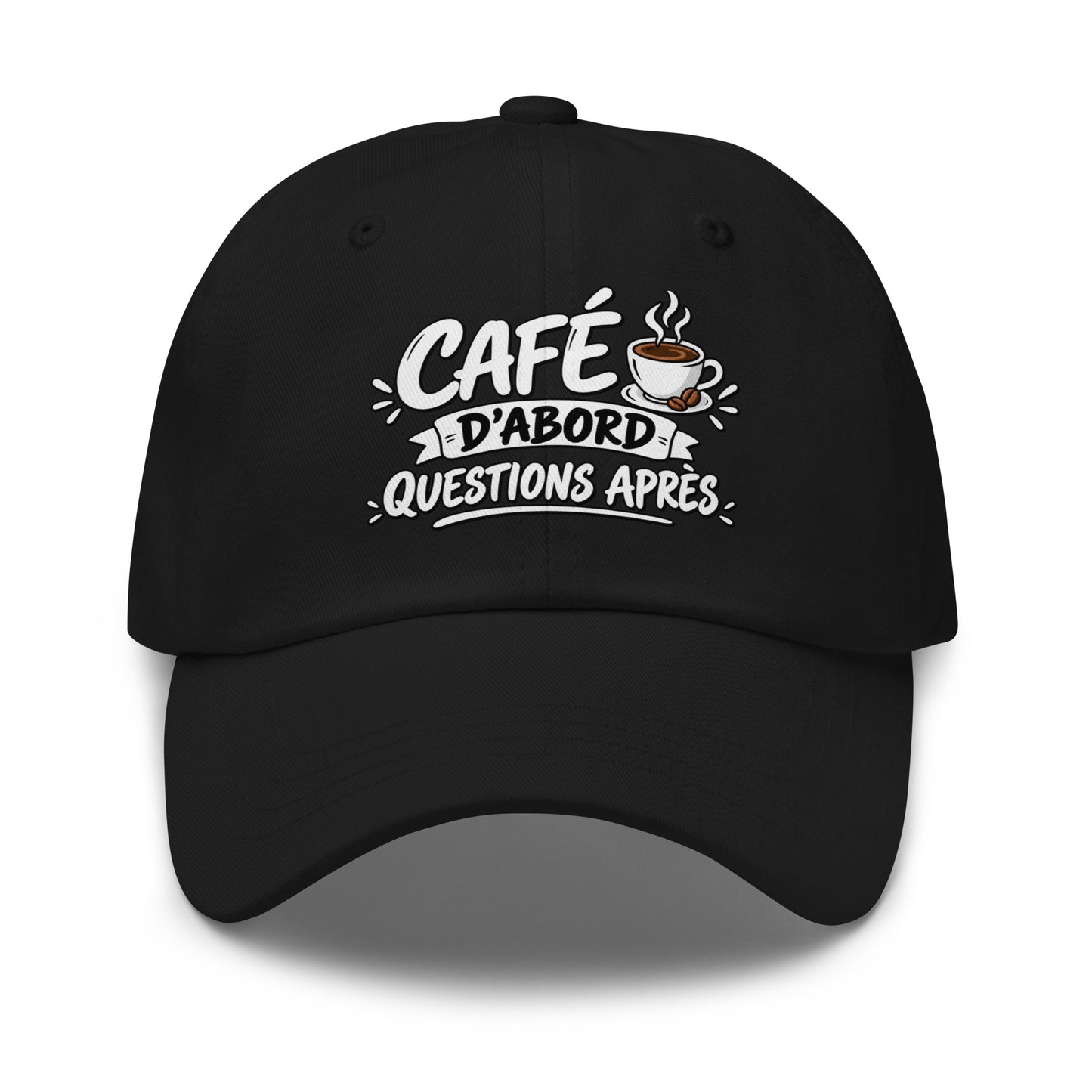 Casquette Baseball, brodée « Café d'abord, questions après », en Noir, vue de face, image 2