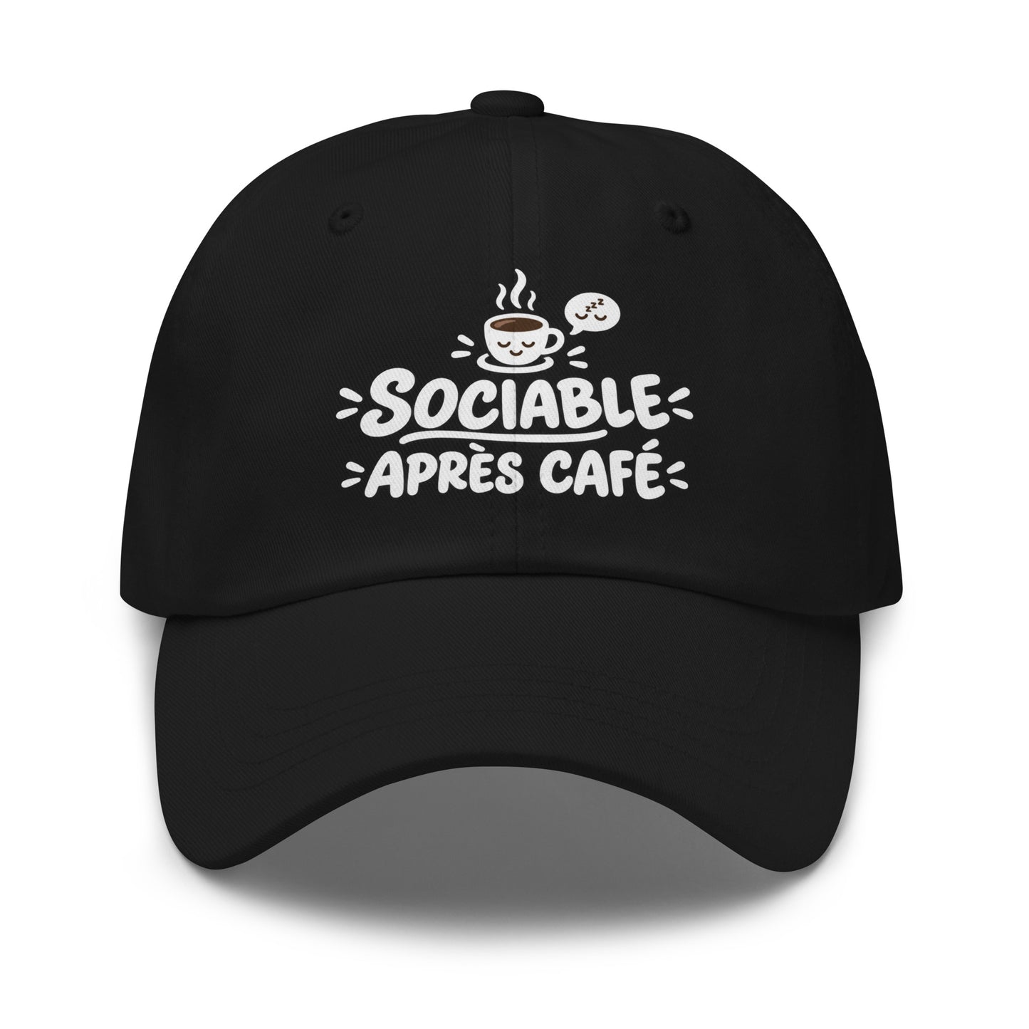 Casquette Baseball, brodée « Sociable après café », en Noir, vue de face, image 2