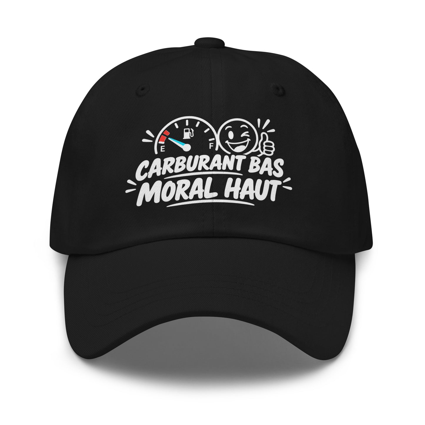 Casquette Baseball, brodée « Carburant bas, moral haut », en Noir, vue de face, image 2