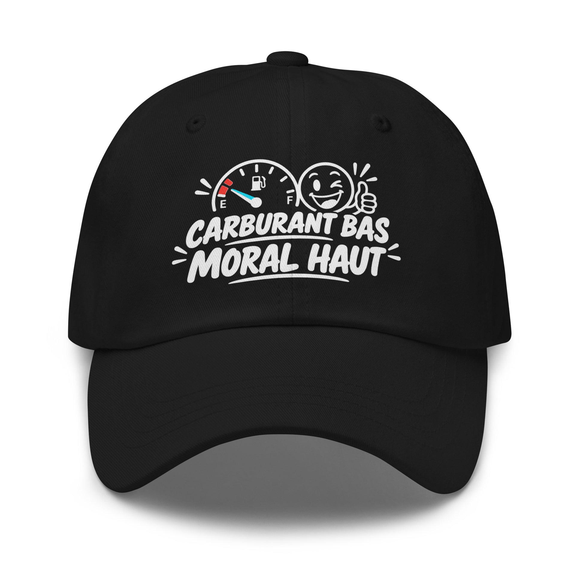Casquette Baseball, brodée « Carburant bas, moral haut », en Noir, vue de face, image 2