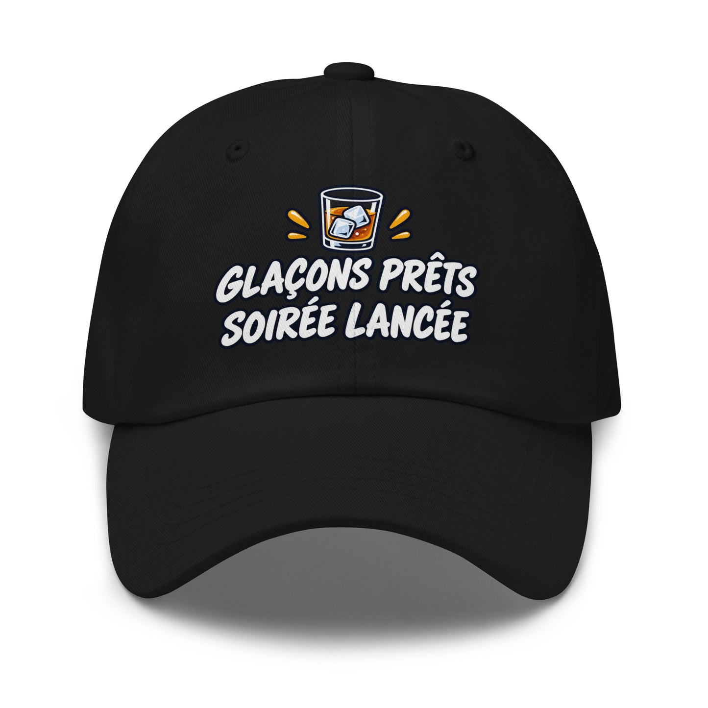 Casquette Baseball, brodée « Glaçons prêts, soirée lancée », en Noir, vue de face, image 2