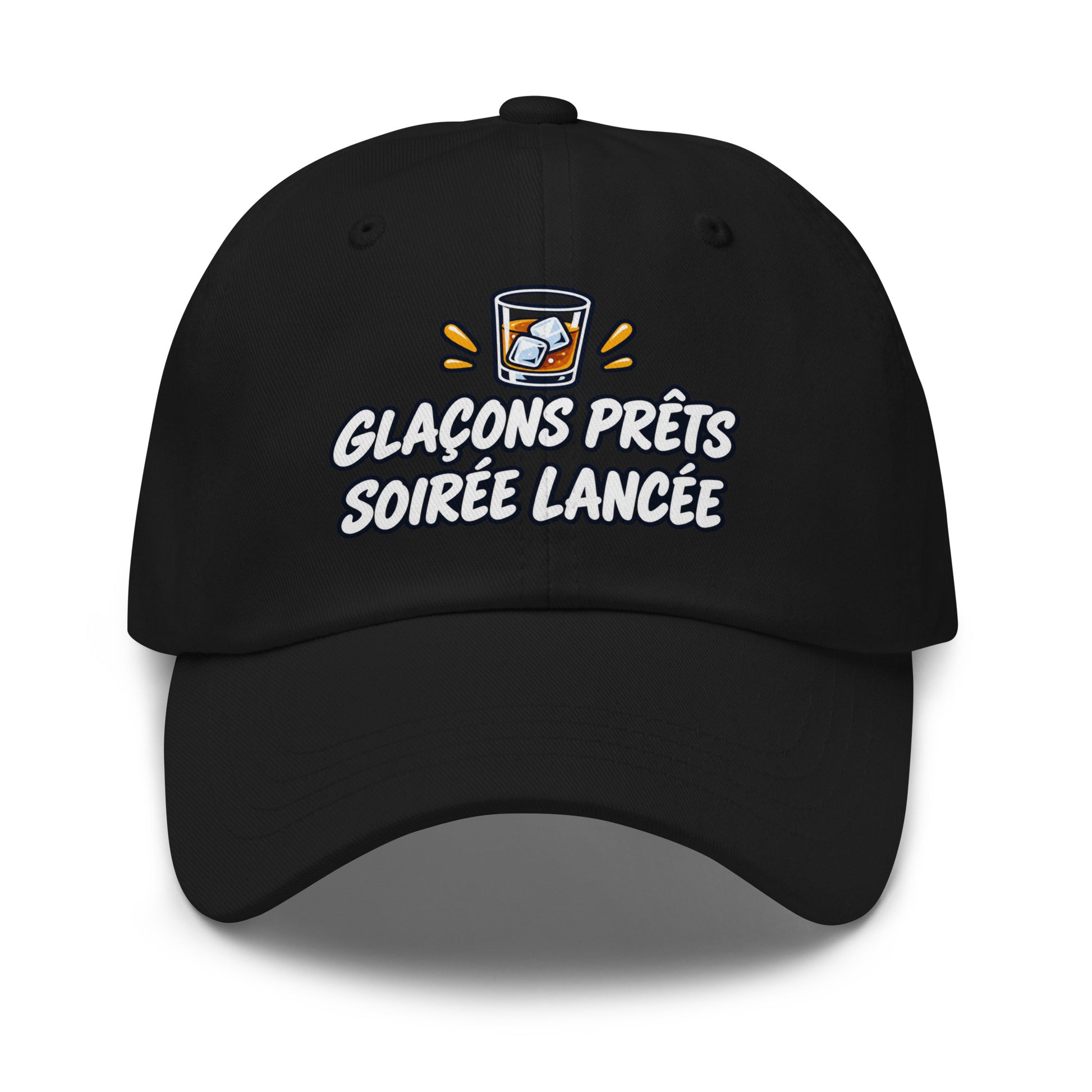 Casquette Baseball, brodée « Glaçons prêts, soirée lancée », en Noir, vue de face, image 2