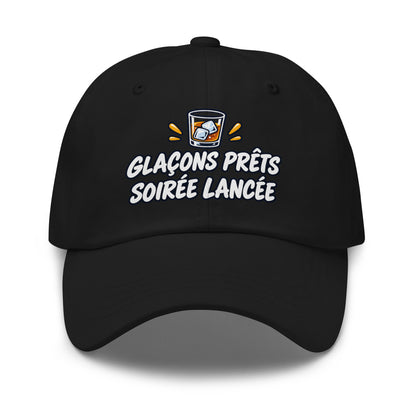 Casquette Baseball, brodée « Glaçons prêts, soirée lancée », en Noir, vue de face, image 2