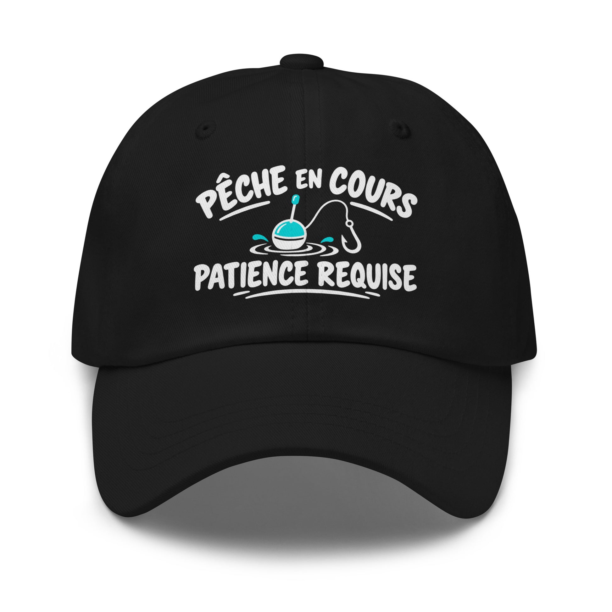 Casquette Baseball, brodée « Pêche en cours, patience requise », en Noir, vue de face, image 2