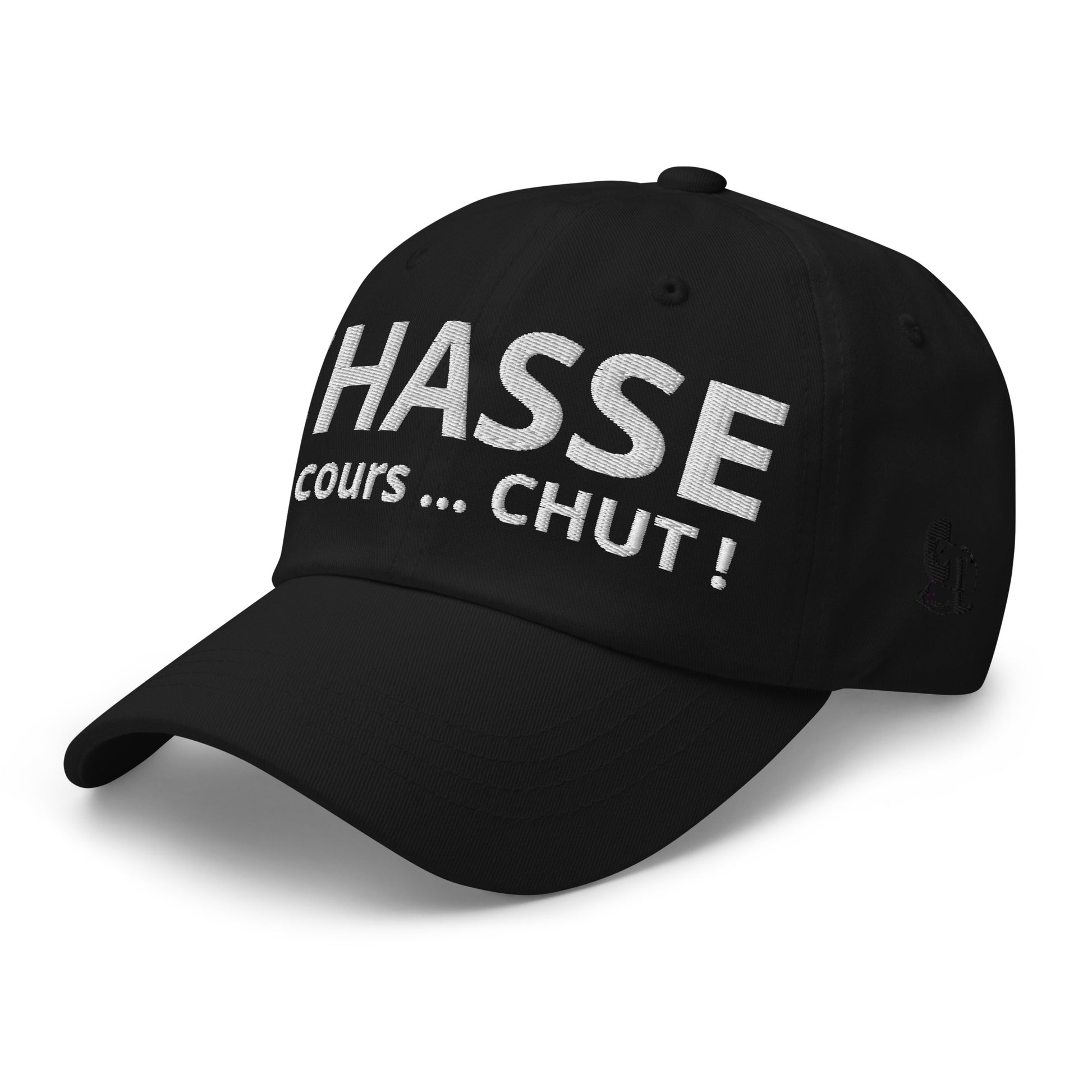 Casquette Baseball, brodée « Chasse en cours ... CHUT ! », en Noir, vue de trois quarts, image 14