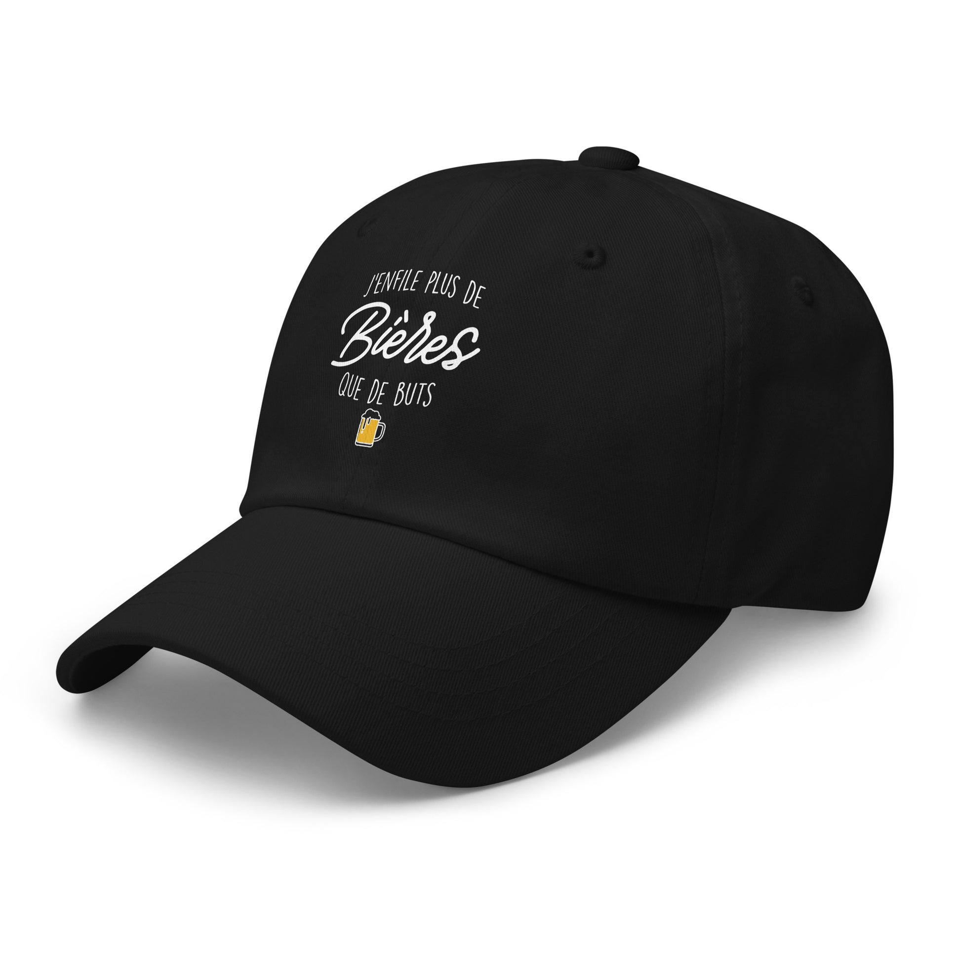 Casquette Baseball, brodée « J'enfile plus de bières que de buts », en Noir, vue de trois quarts, image 20