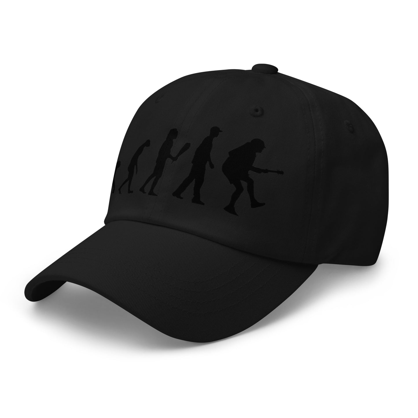 Casquette Baseball, brodée « Evolution de l'homme jusqu'à un guitariste », en Noir, vue de trois quarts, image 17