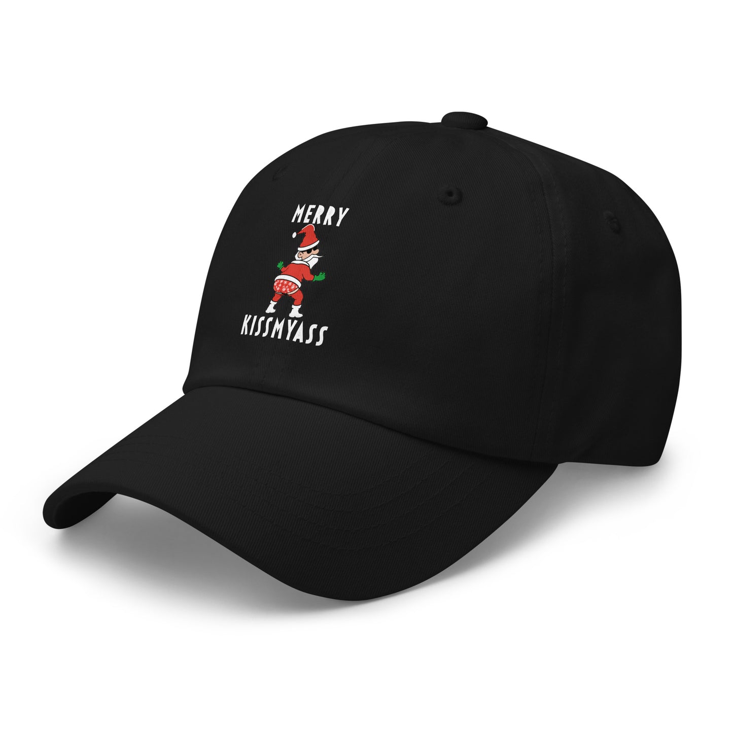 Casquette Baseball, brodée « Merry kiss my ass », en Noir, vue de trois quarts