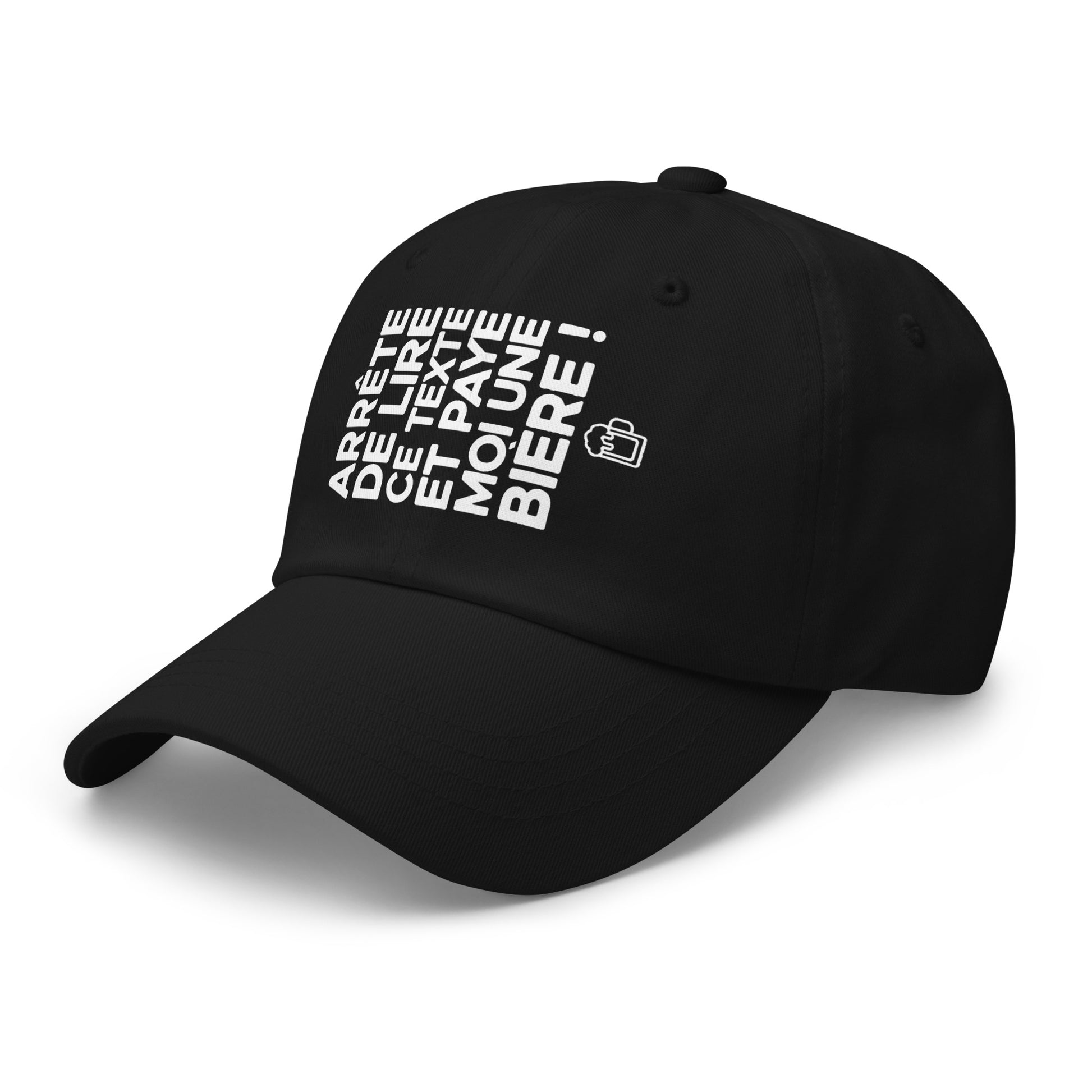 Casquette Baseball, brodée « Arrête de lire ce texte et paye moi une bière », en Noir, vue de trois quarts, image 4