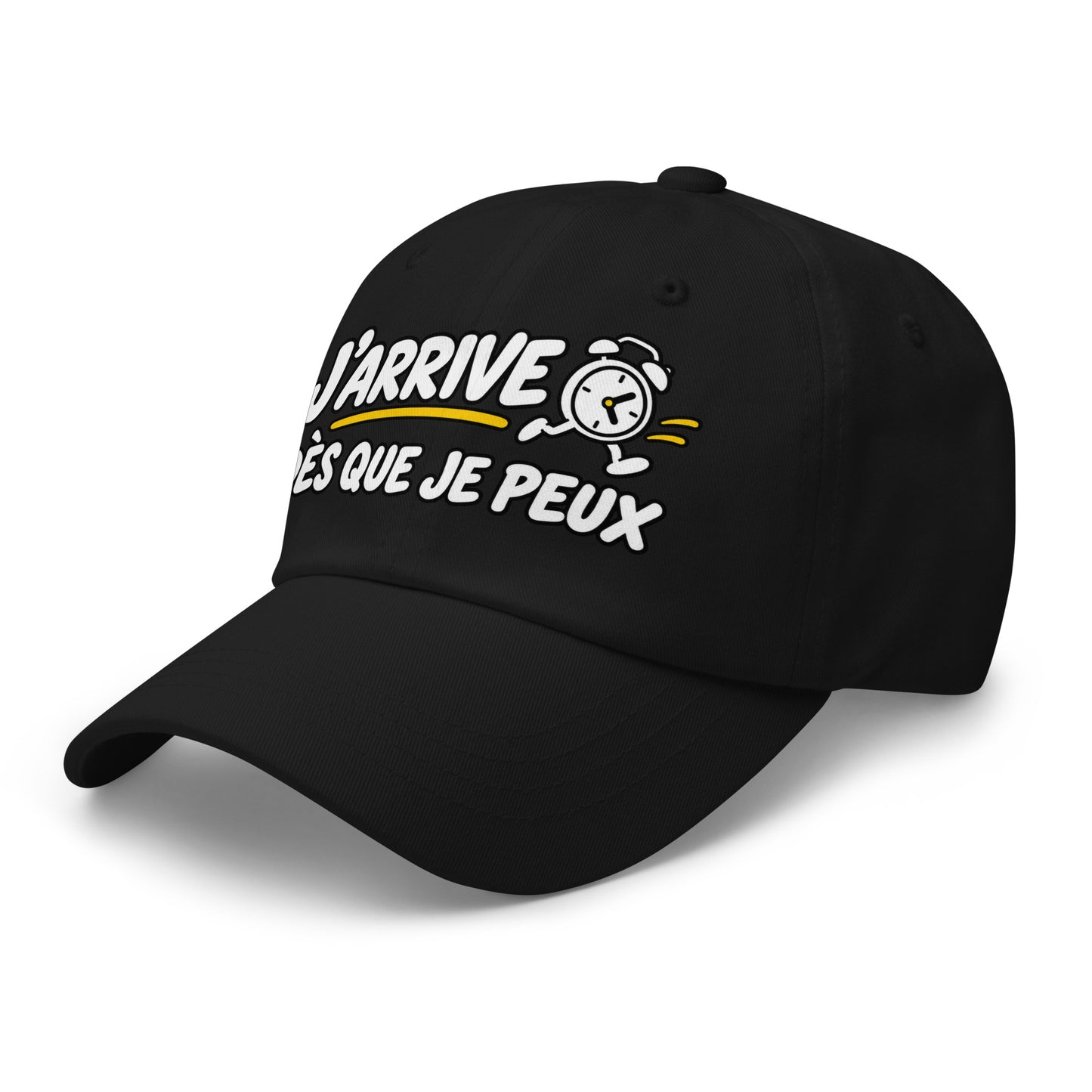Casquette Baseball, brodée « J'arrive dès que je peux », en Noir, vue de trois quarts, image 4