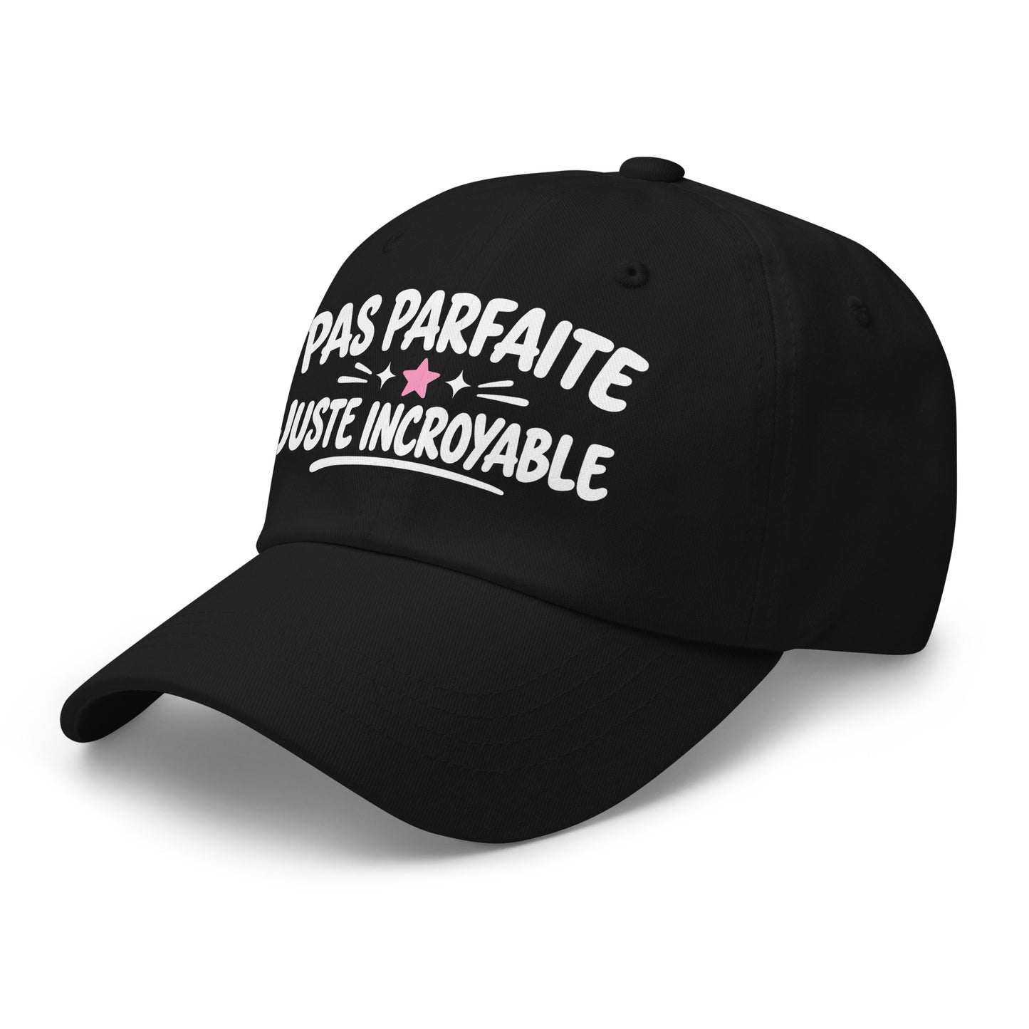 Casquette Baseball, brodée « Pas parfaite, juste incroyable », en Noir, vue de trois quarts, image 4