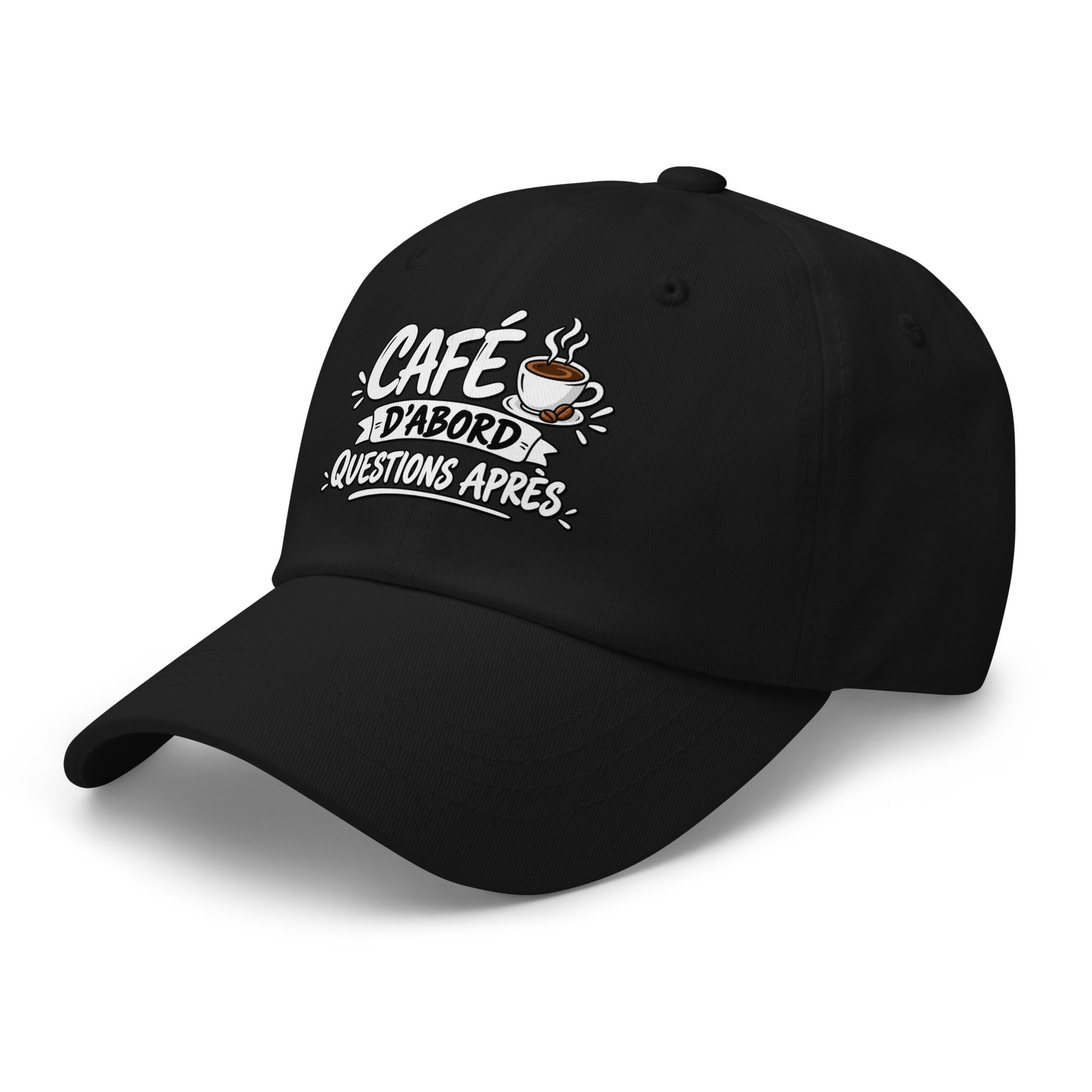 Casquette Baseball, brodée « Café d'abord, questions après », en Noir, vue de trois quarts, image 4