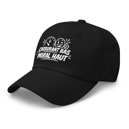 Casquette Baseball, brodée « Carburant bas, moral haut », en Noir, vue de trois quarts