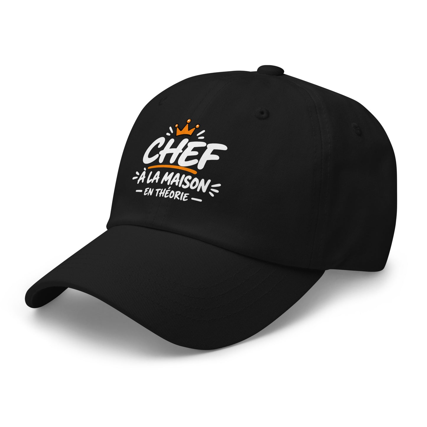 Casquette Baseball, brodée « Chef à la maison, en théorie », en Noir, vue de trois quarts, image 4