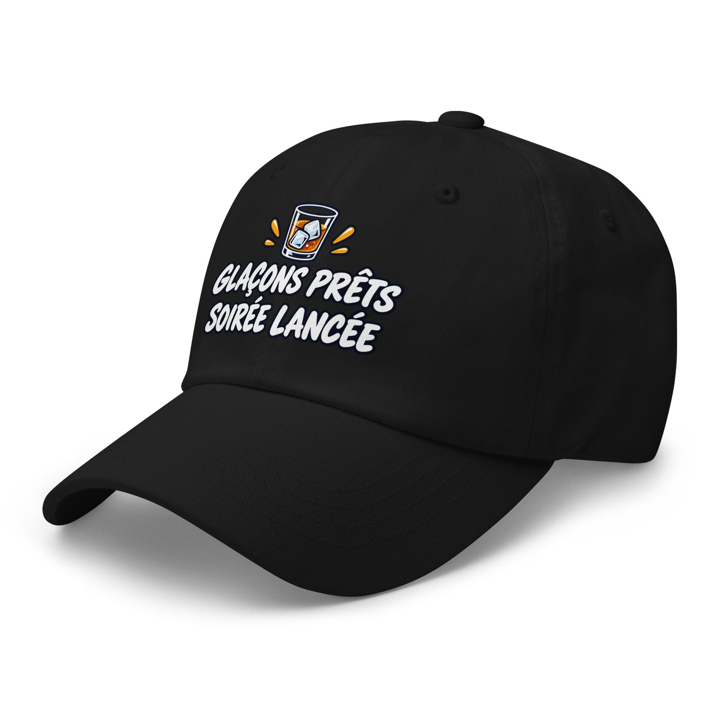 Casquette Baseball, brodée « Glaçons prêts, soirée lancée », en Noir, vue de trois quarts, image 4