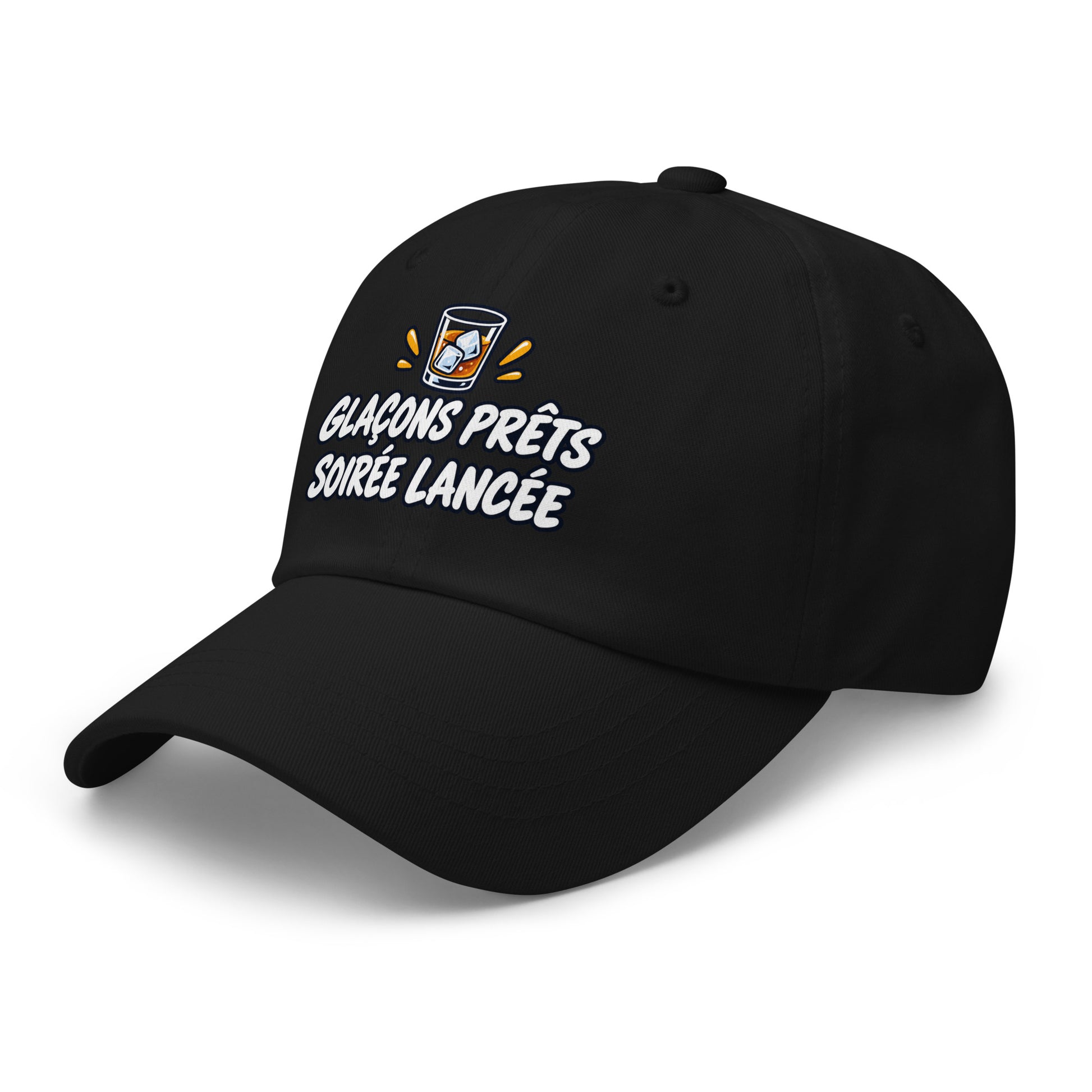 Casquette Baseball, brodée « Glaçons prêts, soirée lancée », en Noir, vue de trois quarts, image 4