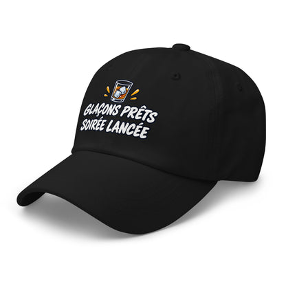 Casquette Baseball, brodée « Glaçons prêts, soirée lancée », en Noir, vue de trois quarts, image 4
