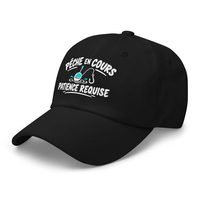 Casquette Baseball, brodée « Pêche en cours, patience requise », en Noir, vue de trois quarts, image 4