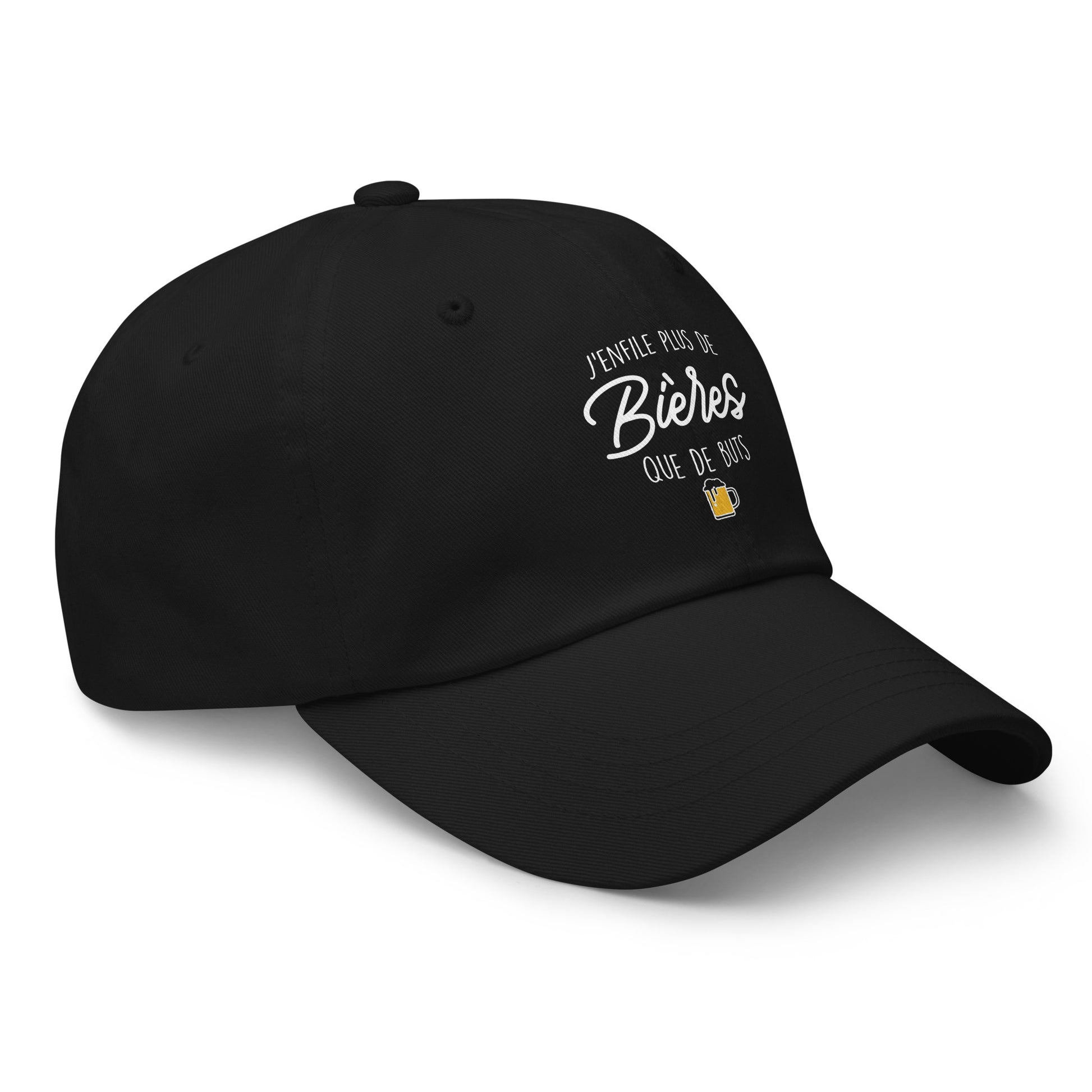 Casquette Baseball, brodée « J'enfile plus de bières que de buts », en Noir, vue de trois quarts, image 22