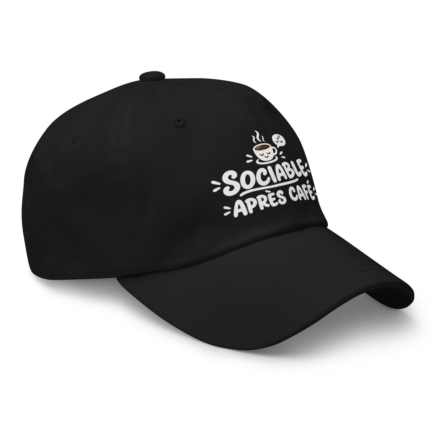 Casquette Baseball, brodée « Sociable après café », en Noir, vue de trois quarts, image 6