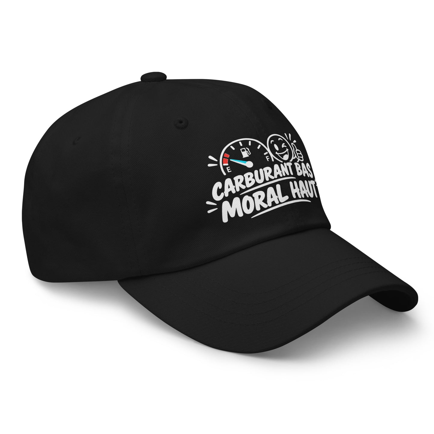 Casquette Baseball, brodée « Carburant bas, moral haut », en Noir, vue de trois quarts, image 5