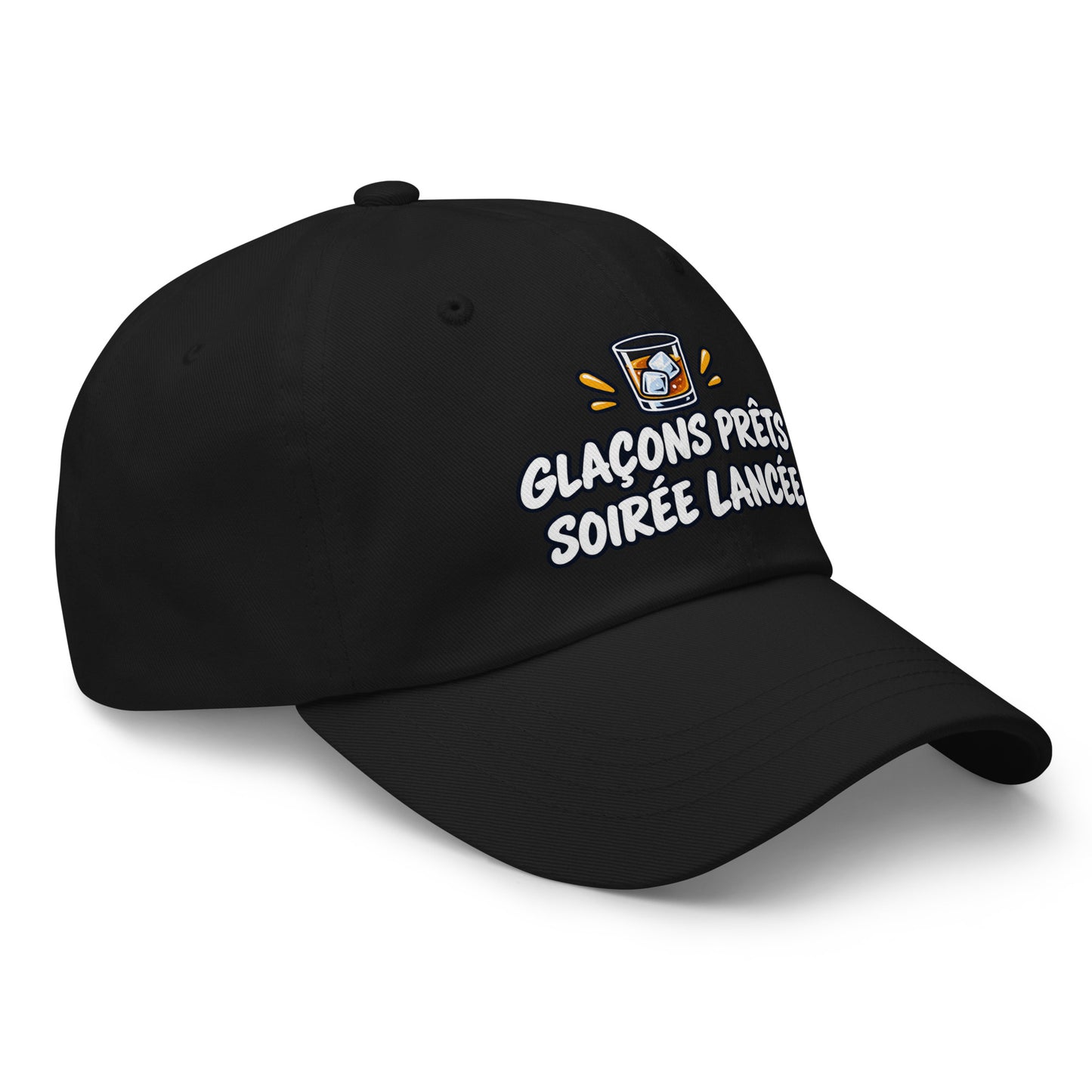 Casquette Baseball, brodée « Glaçons prêts, soirée lancée », en Noir, vue de trois quarts, image 6