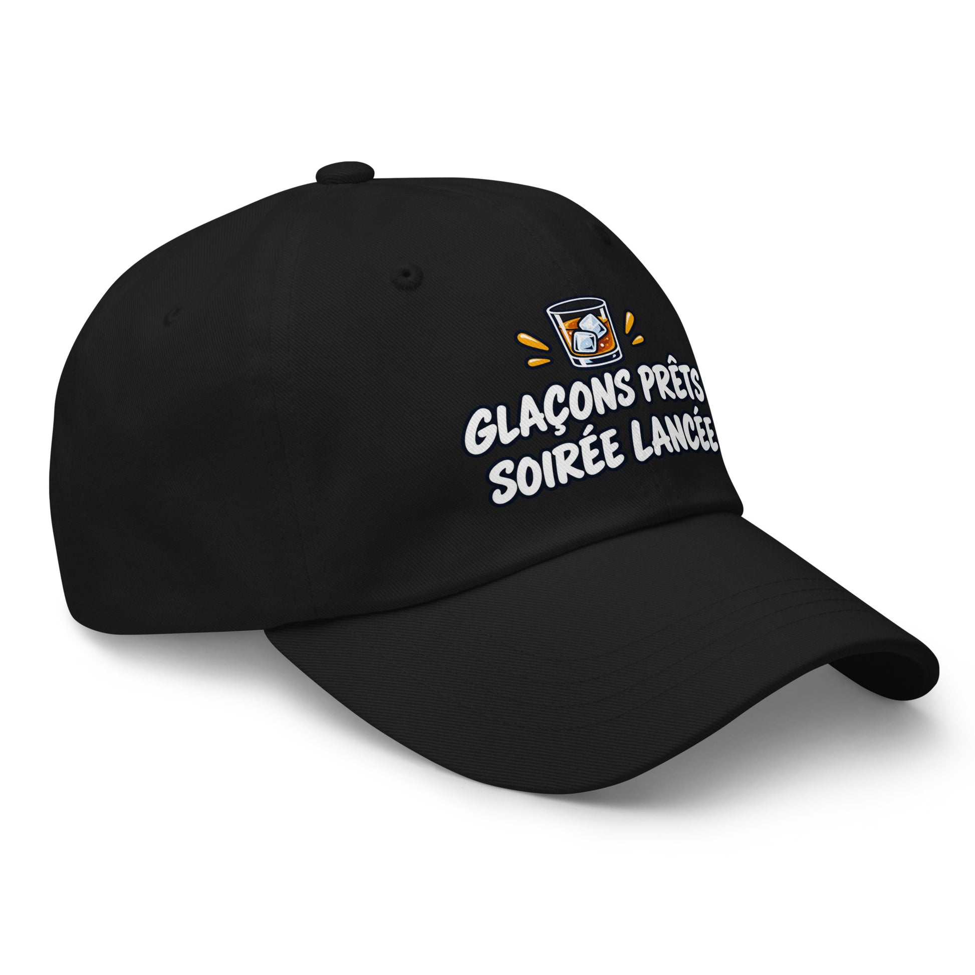Casquette Baseball, brodée « Glaçons prêts, soirée lancée », en Noir, vue de trois quarts, image 6