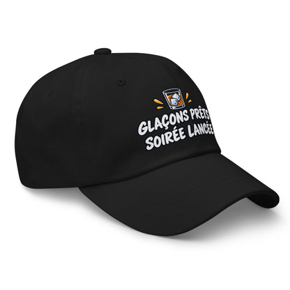 Casquette Baseball, brodée « Glaçons prêts, soirée lancée », en Noir, vue de trois quarts, image 6